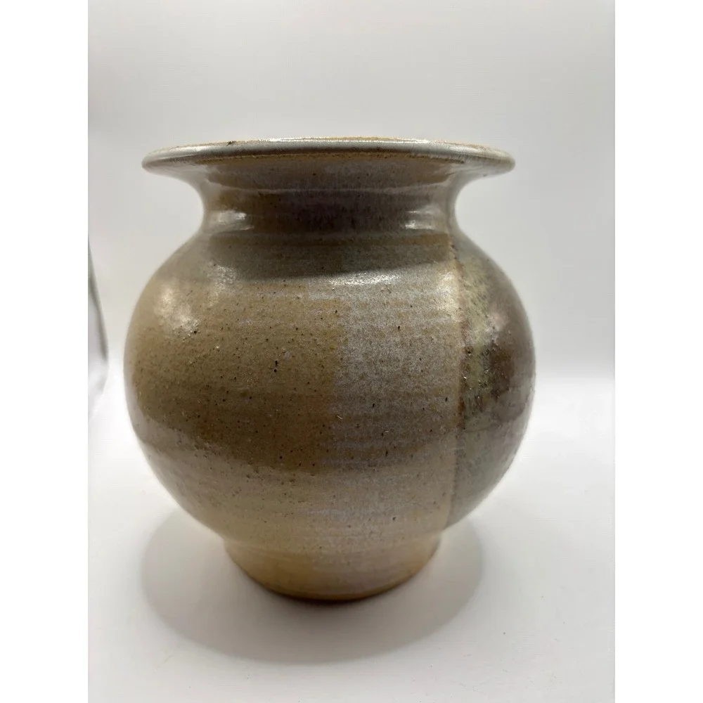 Handmade Studio Pottery Vase Earthy Glaze Round Bulbous Flared Rim 6.5 Inch